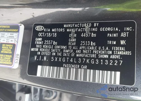 2019 Kia Optima S z USA, uszkodzony, nr VIN 5XXGT4L37KG313227